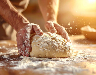 Obraz premium Man hands kneading dough on floured surface.
