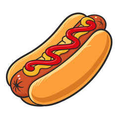Cartoon hot dog with mustard and ketchup isolated illustration.