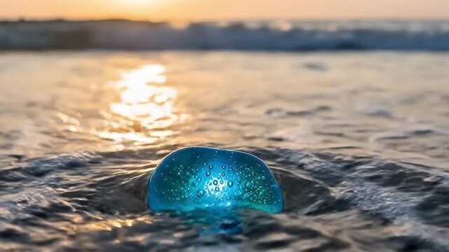 A captivating low-angle shot showcases a mysterious, glowing blue-green object resting on a pebbly beach. Gentle ocean waves wash over the unique, translucent form, reflecting the warm hues of a stunn