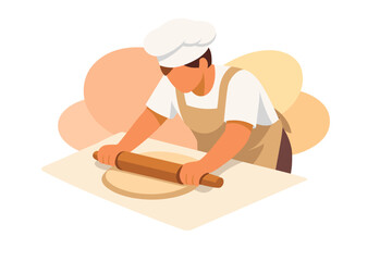 Fototapeta premium Baker rolling out dough with a wooden rolling pin.