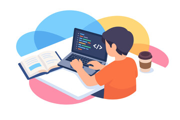 Young person coding on laptop with book and coffee.