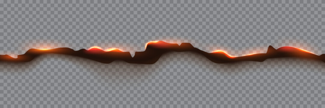Paper burn fire background with torn edge and glowing embers. Paper fire effect on transparent backdrop, dark charred texture, orange heat glow. Realistic burning vector illustration.
