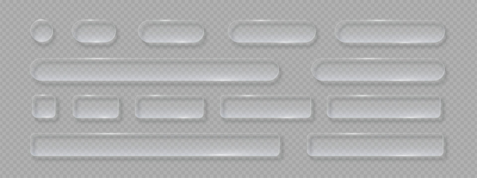 Transparent glass buttons. Liquid glass design elements with morphism effect. Modern digital interface icons for web and app design with rounded frame and subtle shadow. Vector illustration.