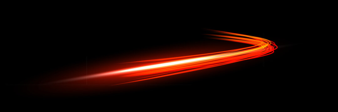 Light speed curve trail. Dynamic curved streaks of glowing red and orange light on dark background create fast motion effect. Smooth bright lines form energetic shape. Abstract vector illustration.