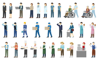 フラットイラスト：いろいろな職業の男女