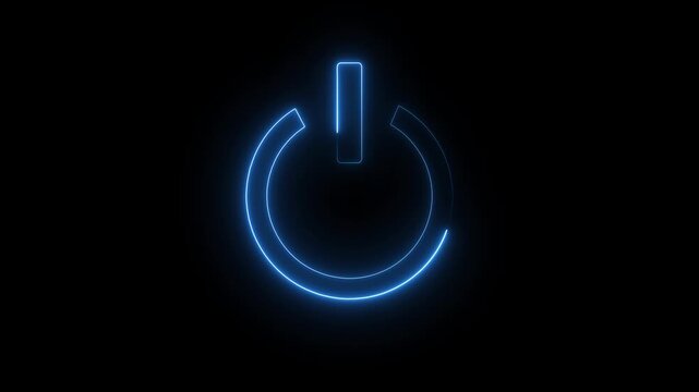 Neon blue power button symbol with a glowing aura on a dark animated background on off start, blue Power Button Symbol on a Black Background on off icon animation, blue power button icon animation.