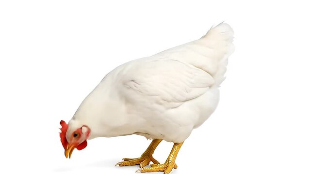 A clean, vibrant white chicken is prominently featured on a pure white background, showcasing its natural movements as it initially stands, then bends to peck or observe the ground, and finally return