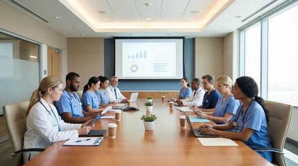 Fototapeta premium Medical Professionals Collaborating in a Meeting Room, Discussing Data and Analytics