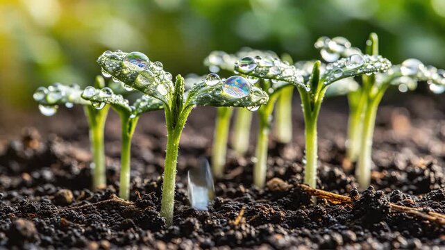 Young green seedlings growing in soil with fresh water droplets