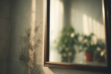 high humidity and mold on the wall with a mirror