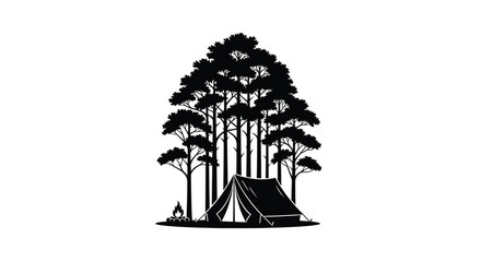 A black silhouette of trees and a tent in a forest landscape © momotaj