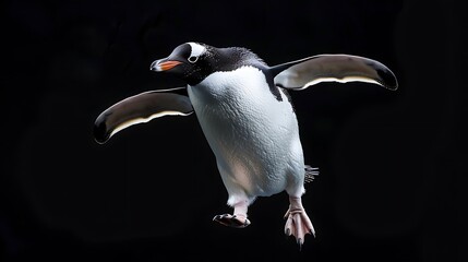 Gentoo penguin in dynamic flight, digitally rendered against black backdrop