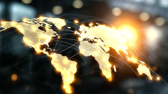 Global network map with illuminated cities and connections, worldwide communication display, international connectivity visualization, planetary network graphic, earth connection