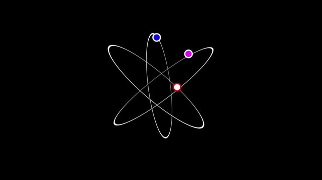 Abstract Atomic Model With Orbiting Electrons in Neon Colors on animated Black science structure, Glowing atom symbol with electrons, Neon glowing atom symbol animation on dark black background.