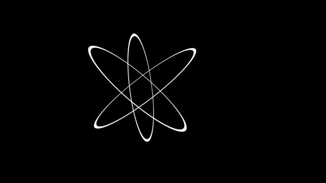 Animated White abstract elliptical shapes intersecting on a black background, Glowing atom symbol with zero electrons, Neon glowing atom symbol animation on dark black background.