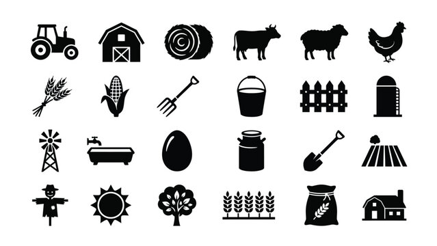 Black Farm Icons Set on White Background