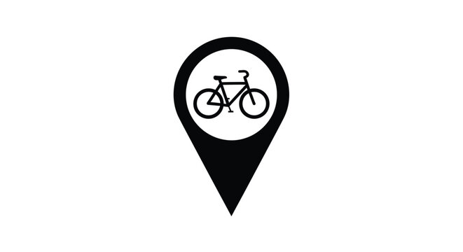 Black bicycle icon within a location pin simple silhouette