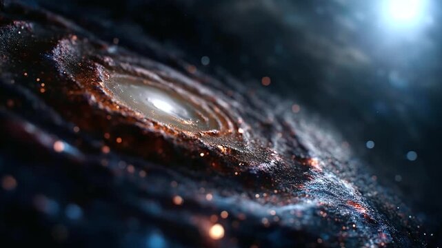 Detailed view of spiral galaxy exhibiting complex structures, cosmic formation visualization, astronomical detail display, galactic structure graphic, universe perspective scene,