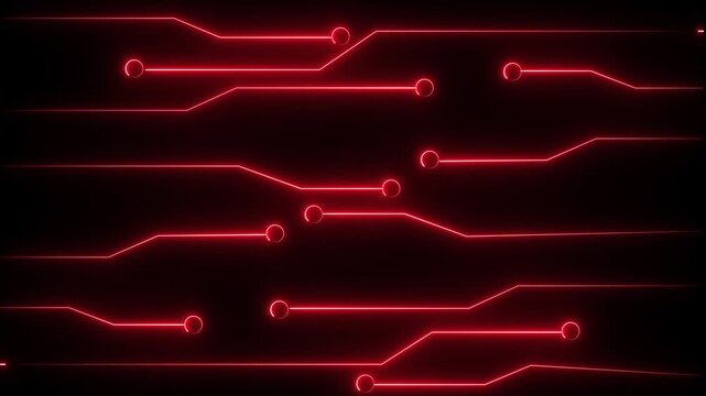 Red neon circuit board pattern with circular connection points on a animated black background, Red neon circuit board pattern glowing lines connecting nodes digital network technology.