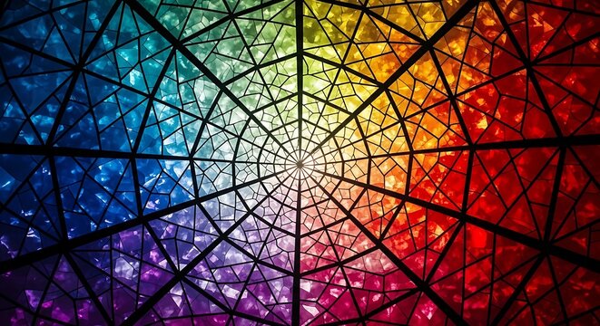 Vibrant stained glass dome ceiling with rainbow colors and geometric patterns in cathedral lighting