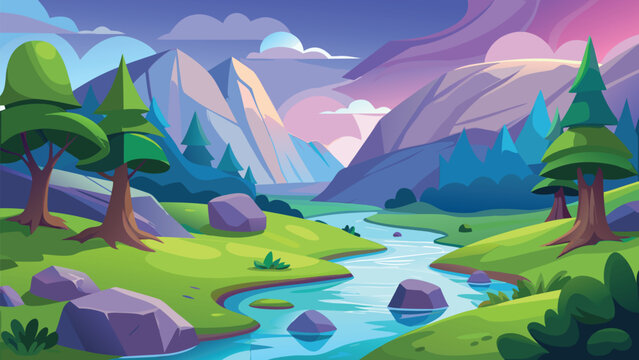 A vibrant cartoon style landscape featuring mountains trees a flowing river and a colorful sky