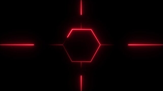 Red Neon Hexagon with Crosshairs and Horizontal Lines on a animated Black Background, Glowing neon red light hexagon grid pattern abstract dark black background animation.
