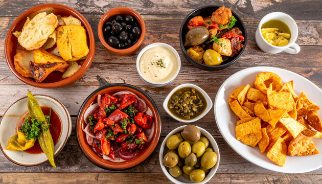 A variety of tapas dishes arranged on a wooden table in a rustic setting