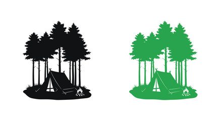 Camping scene with trees and a tent shown in contrasting colors silhouette © momotaj