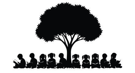 Children reading beneath a large tree a striking black silhouette © momotaj