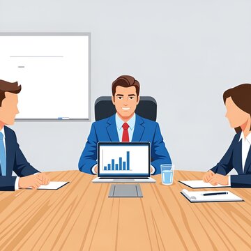 Business meeting with three professionals discussing reports and data on laptop in a conference room setting with presentation board behind