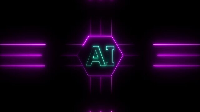 Futuristic Neon AI Logo with Hexagonal Frame and Glowing Lines artificial intelligence animated, Neon purple hexagon animation with Dynamic Lightning AI Icon Animation on Black Background.