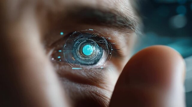 Close-up of eye with futuristic interface overlay, cybernetic vision concept, technological eye display, augmented reality visualization, digital eye enhancement, faceless eye