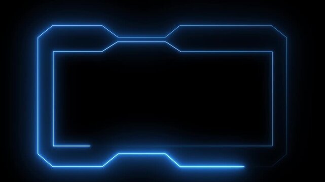 Futuristic Blue Neon Geometric Frame on animated Black Background, Abstract blue neon frame with digital particles and data flow, Rectangular frame made of slow moving neon lights animation.