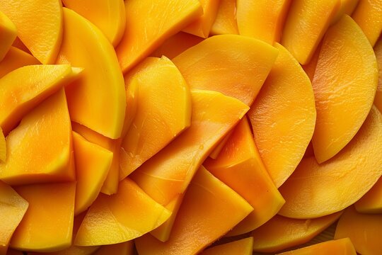 Close up of overlapping mango slices, creating a visually appealing texture and showcasing the ripe, juicy fruit