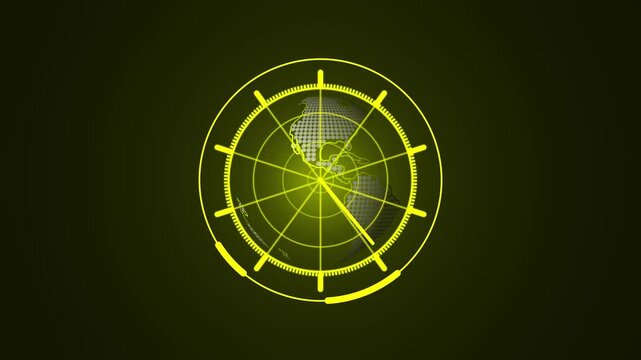 Yellow radar screen with a digital globe and scanning interface against a dark animated background, Futuristic radar screen interface with yellow grid and scanning beam, yellow radar screen animation.