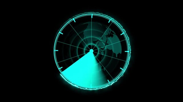 Cyan radar screen with a sweeping sector and a glowing outline of the Earth on animated black,Futuristic radar screen interface with cyan digital grid and scanning beam, cyan radar screen animation.