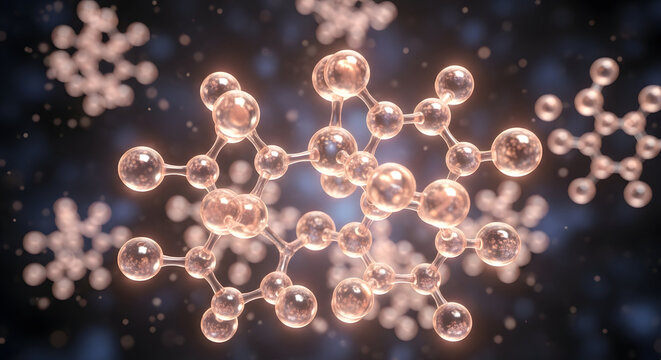 Intricate molecular structure with glowing spheres and bonds representing complex chemical compounds and scientific research in a dark background