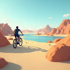 Fototapeta premium A Cyclist Enjoying a Scenic Ride Through a Desert Landscape with Mountains and a Tranquil Lake