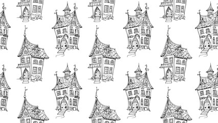 Obraz premium Seamless pattern featuring a series of intricately detailed, hand-drawn European style fantasy houses in black and white.