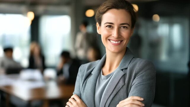 Successful business woman leadership confident and attractive, smiling while standing in modern meeting room, office coworking space with staff and teamwork ready to launch new