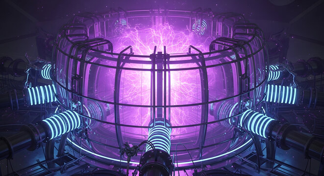 Futuristic fusion reactor core glowing with intense purple plasma energy and intricate metallic structures in a high-tech laboratory setting