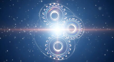 Abstract digital illustration of interconnected glowing gears symbolizing teamwork innovation and complex mechanical systems in a futuristic blue background with bokeh effects