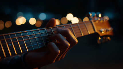 Fototapeta premium Ai Guitar player strums chords with lights in the background during evening performance