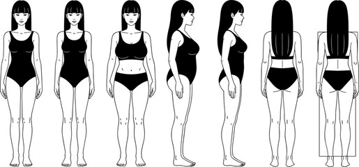 Female body types vector, woman figure front side back view, anatomy template isolated illustration medical design set