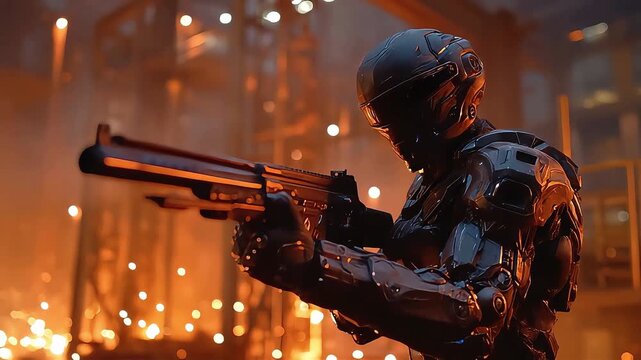 A futuristic soldier in sleek armor aims a weapon, evoking tension and readiness for action, perfect for sci-fi themes.