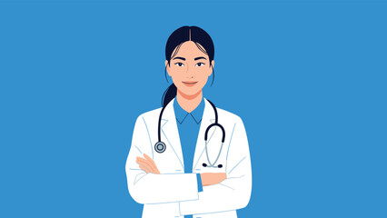 Fototapeta premium Confident female physician in a white lab coat stands with her arms crossed against a solid blue background for medical services.