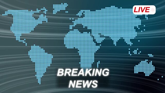 Blue Pixelated World Map with Breaking News Text and Live Indicator on a Blue Gradient animated Background, Breaking news text with blue dots and world map composed animation on dark blue background.