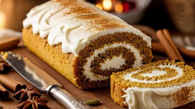 A delectable autumn cake roll, generously adorned with creamy frosting and a dusting of cinnamon, takes center stage on a rustic wooden cutting board. A carefully cut slice reveals the appealing spira