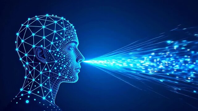 Human head with digital network and light beam