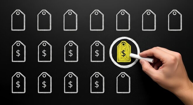 Businessman highlights best value option with yellow price tag